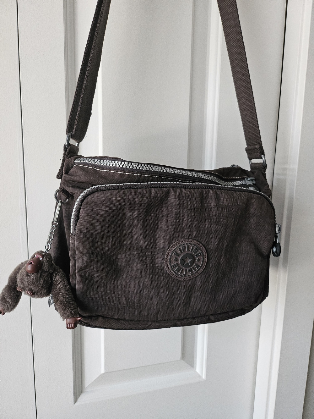 Kipling Dark Brown Crossbody Messenger Bag with Monkey Charm